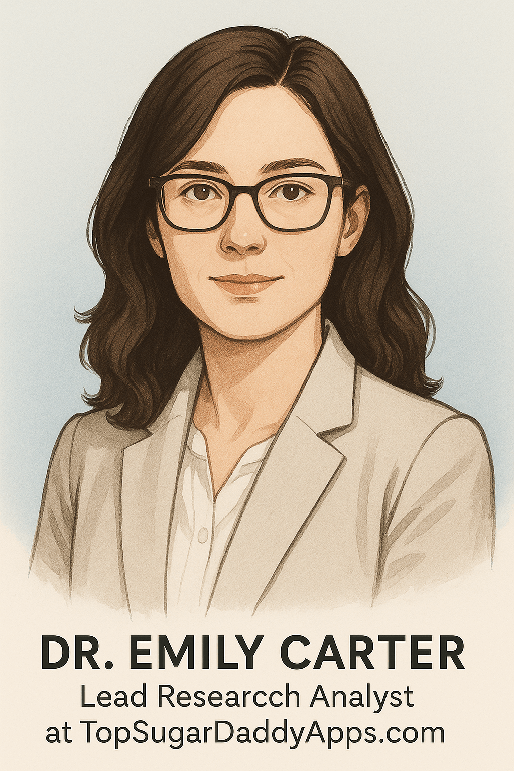 Portrait illustration of Dr. Emily Carter, Lead Research Analyst at TopSugarDaddyApps.com, expert in digital sociology and online dating research